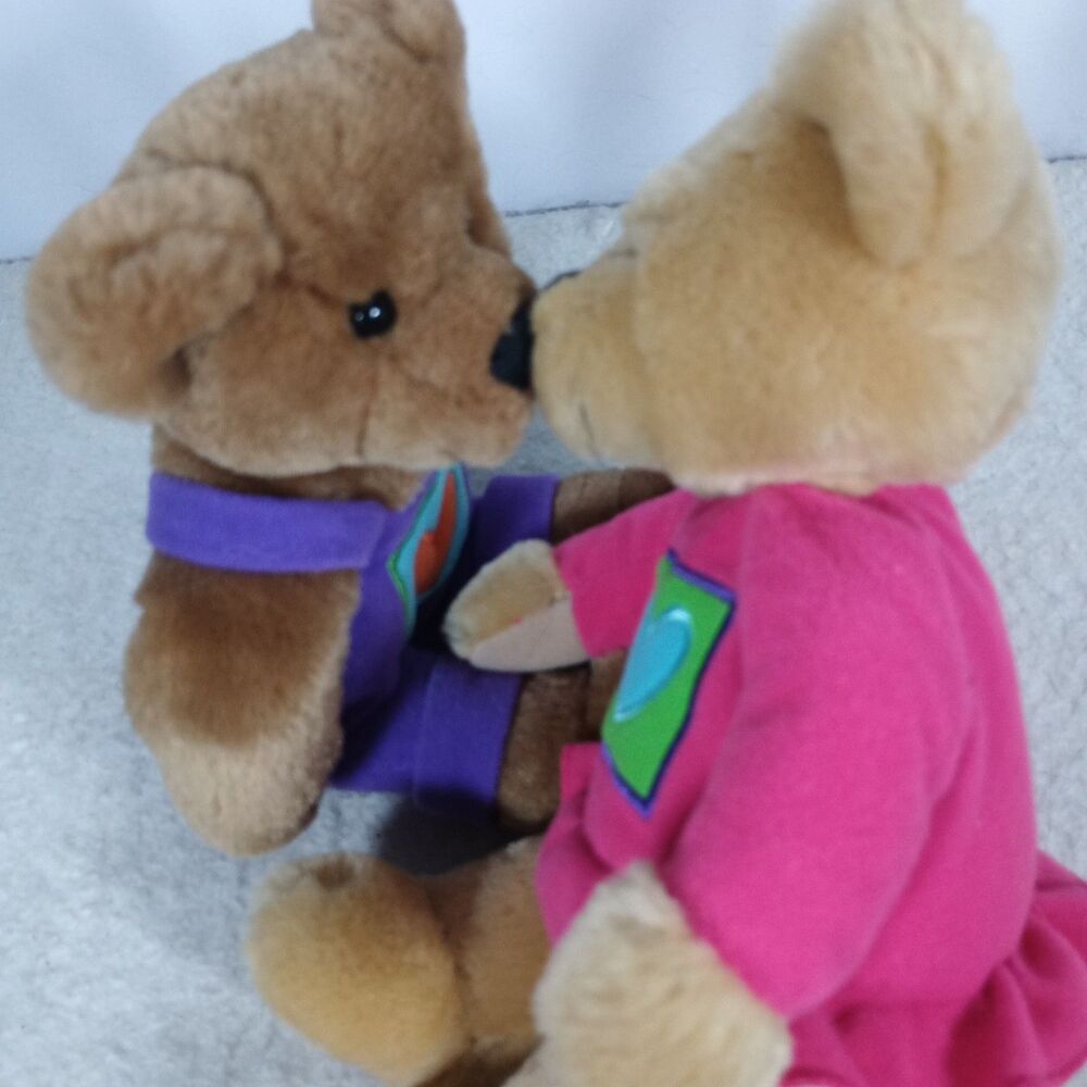 Hallmark KissKiss Bear Plush Pair Heart Overalls Dress Brown Tan Stuffed Animals